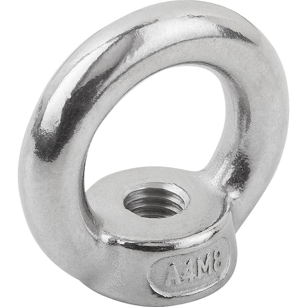 Round Eye Nut, M12 Thread Size, 10 mm Thread Lg, Stainless Steel, Bright